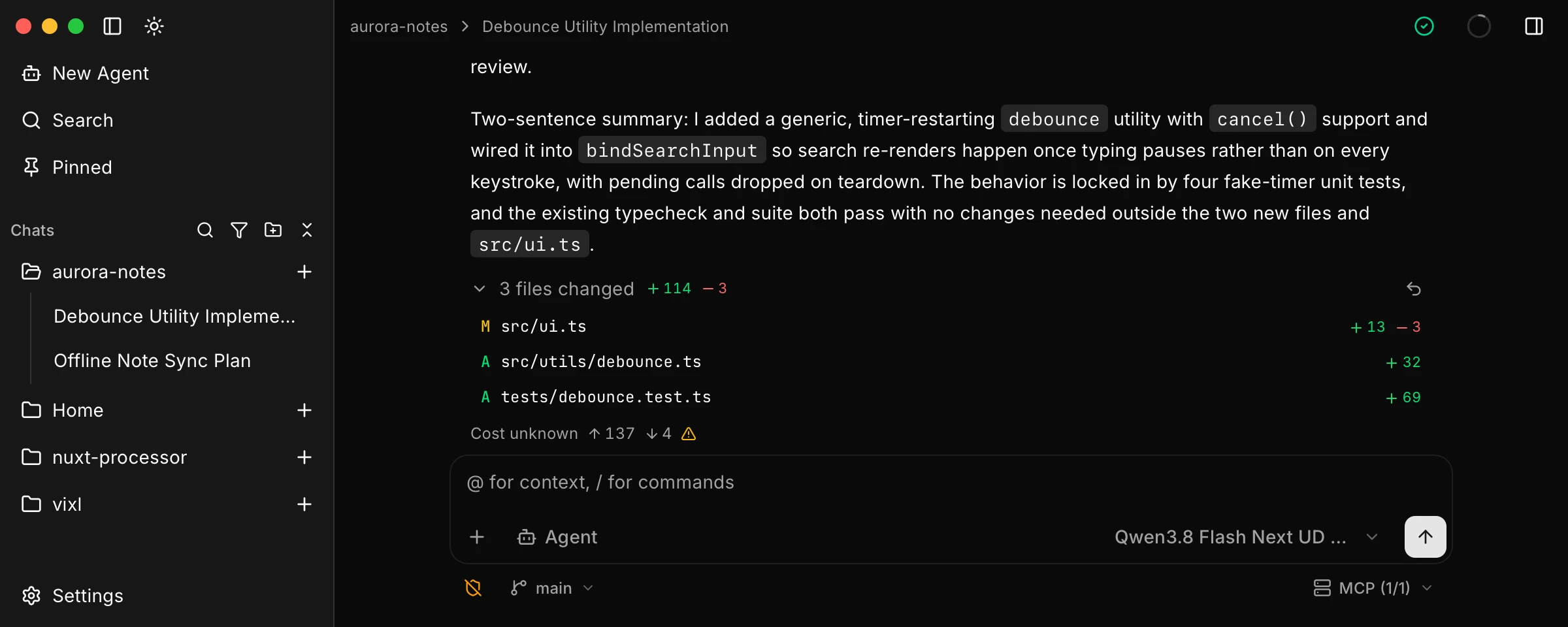 Agent reply with three files changed expanded, listing added and modified paths