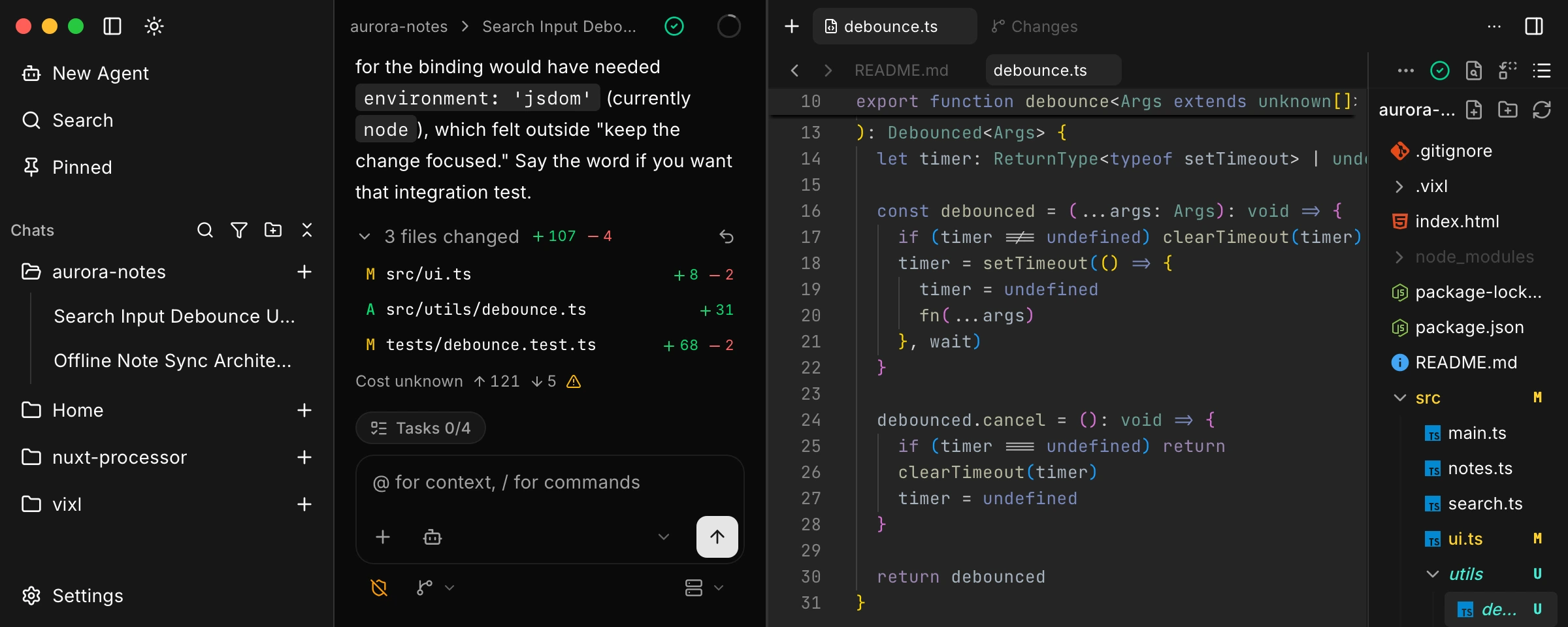 Workbench editor with debounce.ts open, the file tree, and the language server status chip