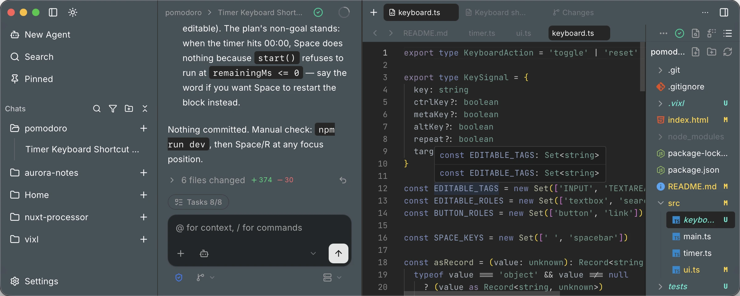 Vixl chat beside an editor completion menu in keyboard.ts and the project file tree