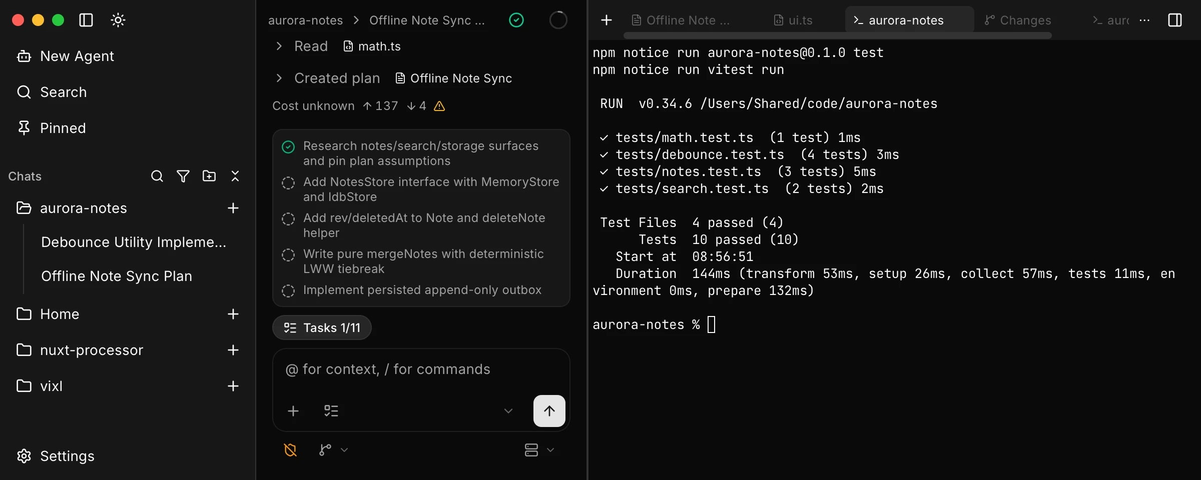 Workbench terminal in the project root after a passing vitest run