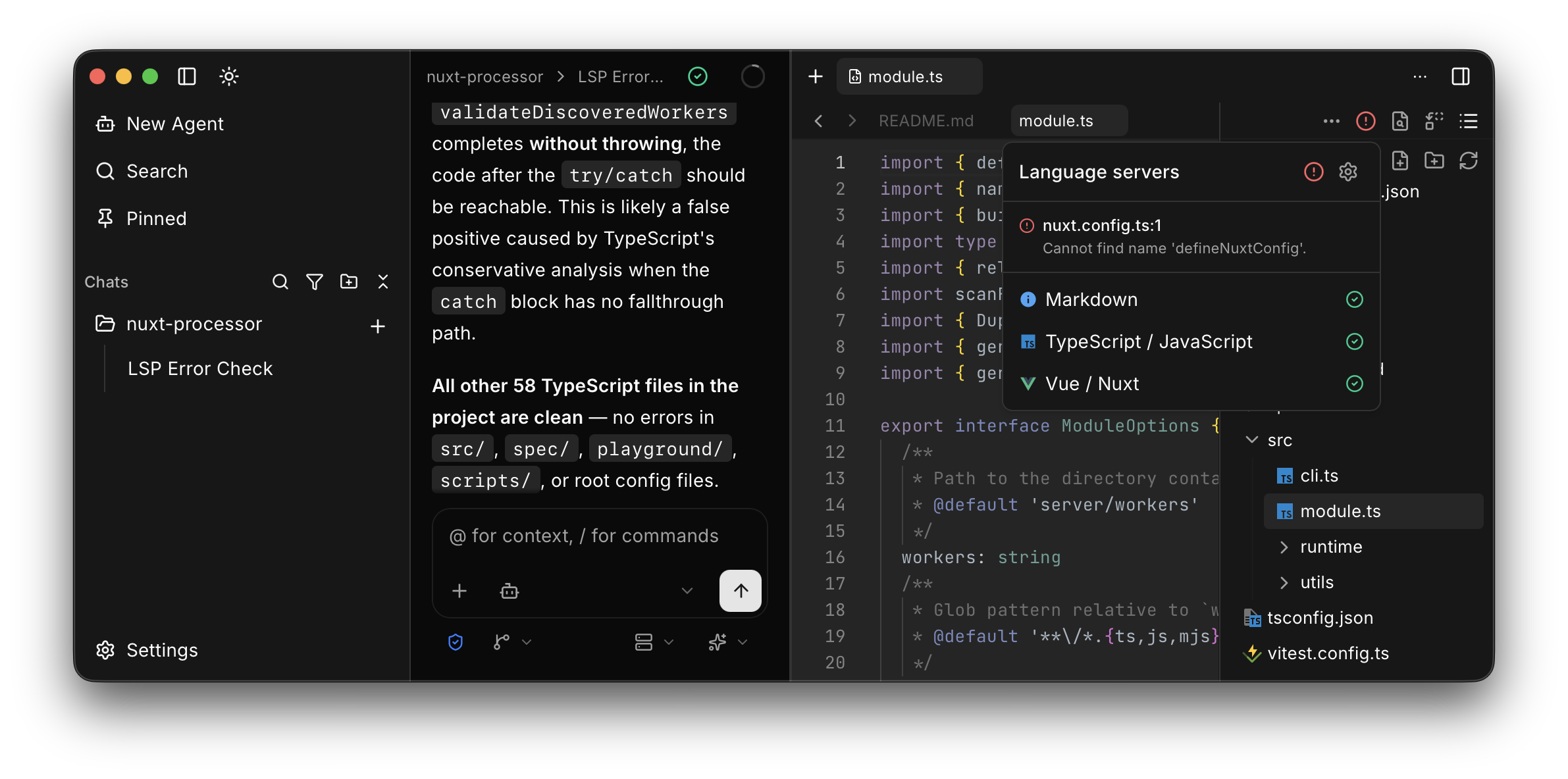 Editor tab with the language servers menu open, listing TypeScript, Vue, Markdown, and a config diagnostic