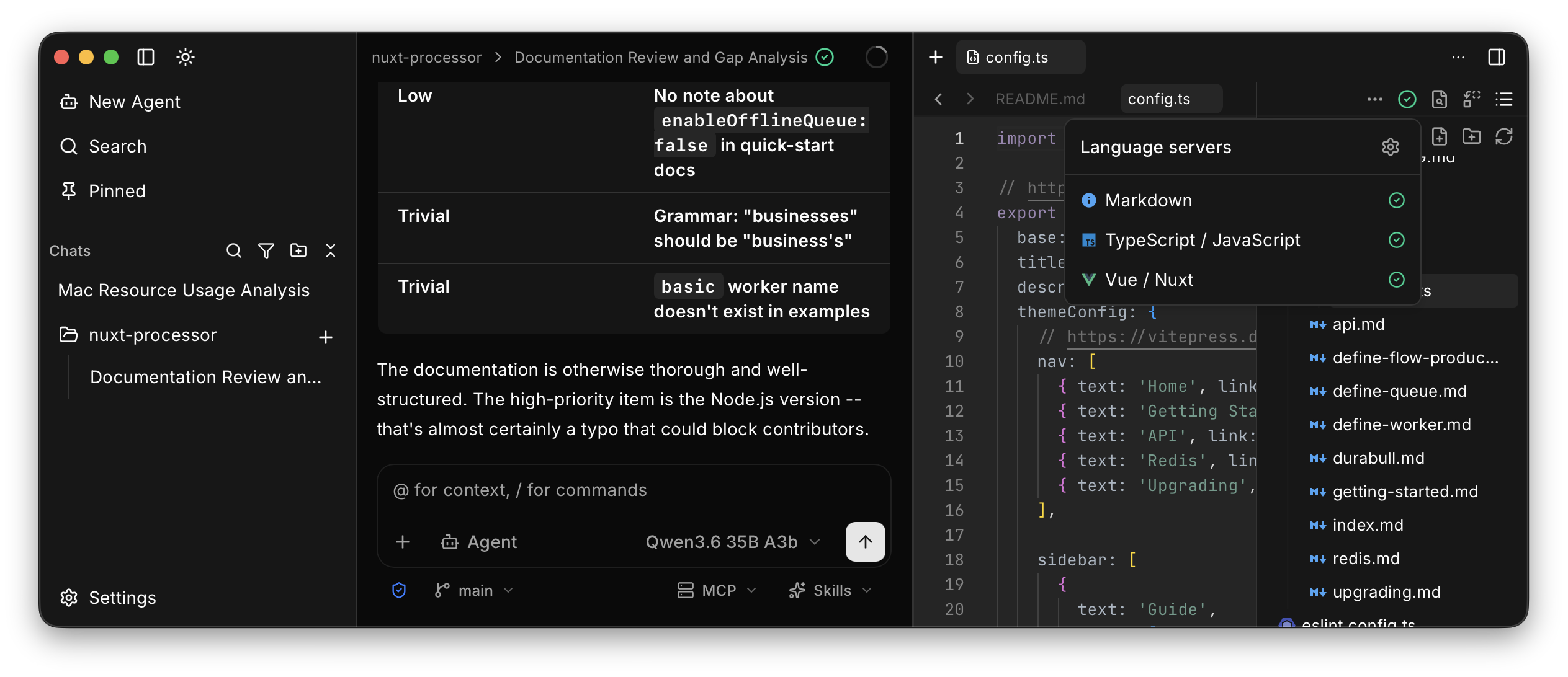 Vixl desktop app showing agent chat, editor, and file tree