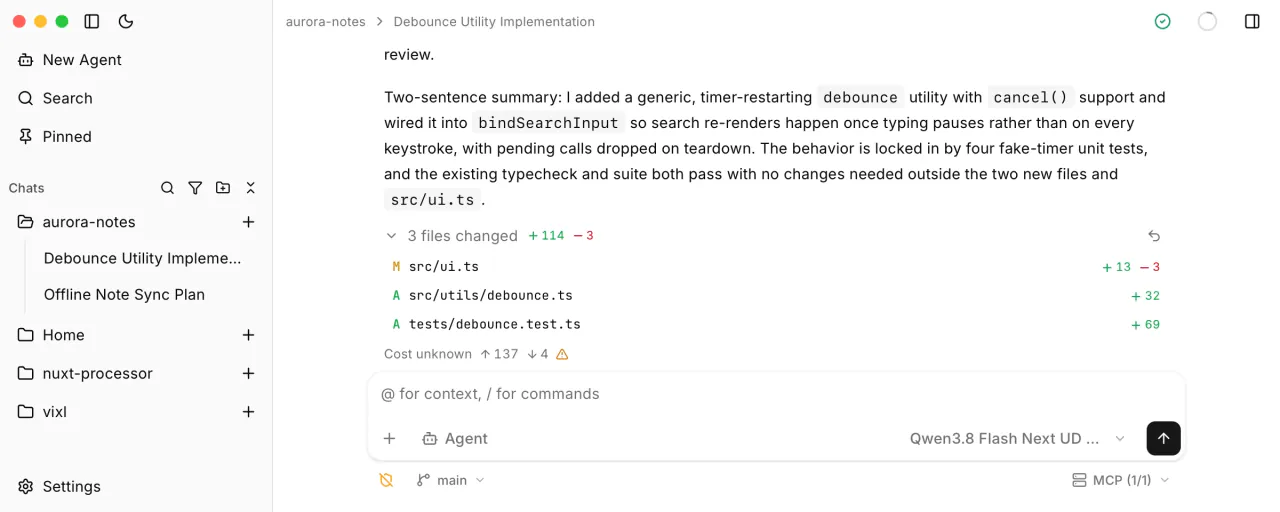 Vixl Agent mode chat in light theme, showing file edits and tool use beside the workbench