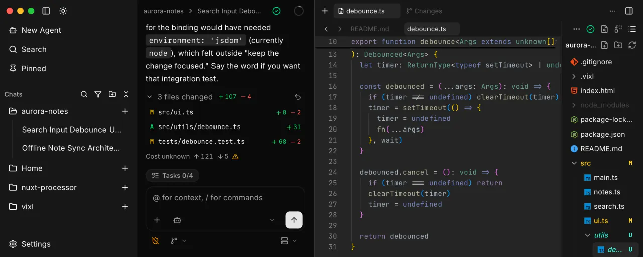 Vixl integrated editor in dark theme with Monaco, LSP support, file tree, and language server status
