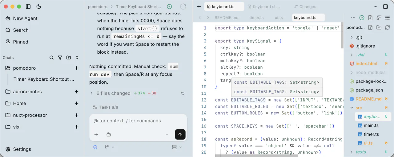 Vixl desktop app showing chat, editor, and files