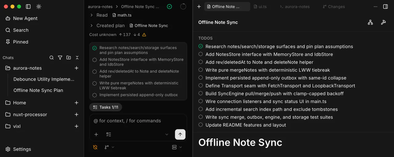 Vixl plan tab in dark theme with PLAN.md todos and Build and Orchestrate actions