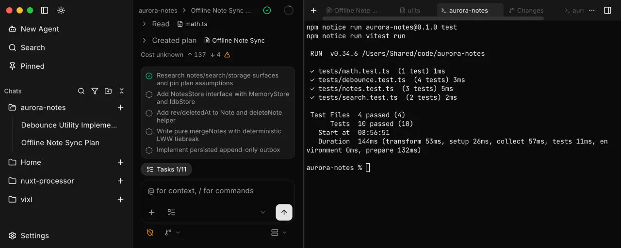 Vixl workbench terminal in dark theme showing an interactive PTY in the project root