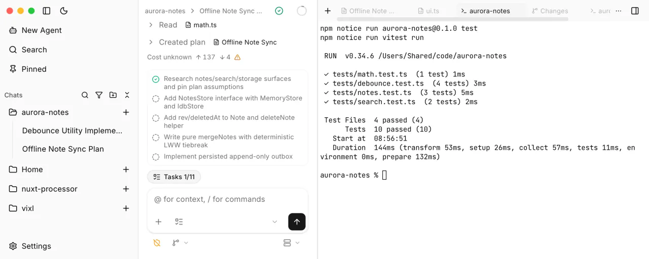 Vixl workbench terminal in light theme showing an interactive PTY in the project root